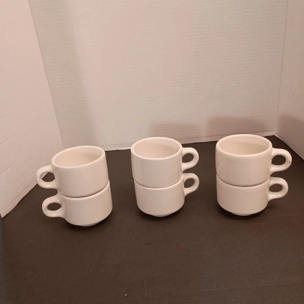 6 Vintage Homer Laughlin Ironstone Restaurant Style Ivory Colored Coffee Mugs